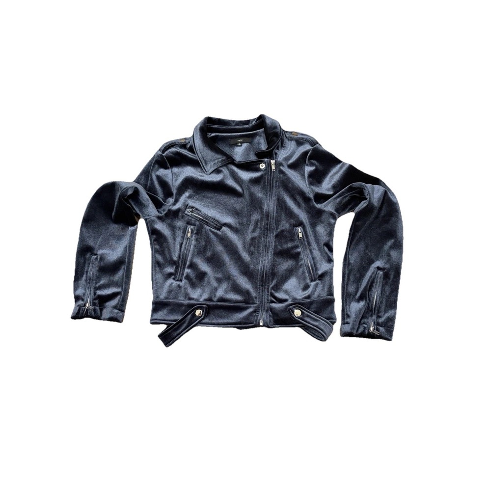 FATE Women velvet Flashy blue silver shimmer asymmetrical Zip Moto Jacket Med